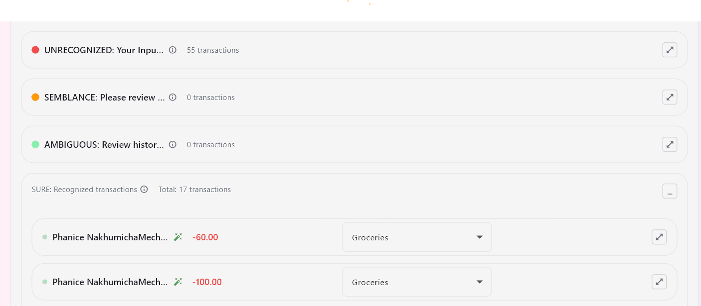 Transaction labeling interface showing categorized transactions