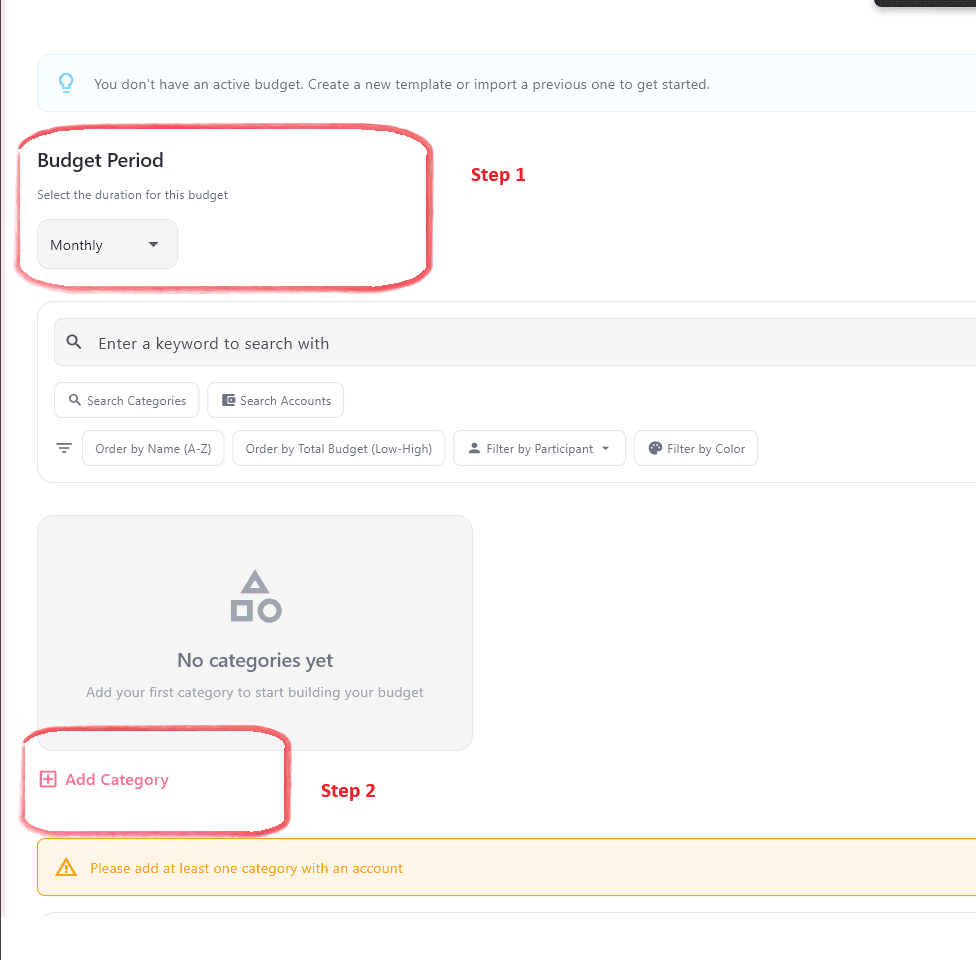Manual budget creation interface